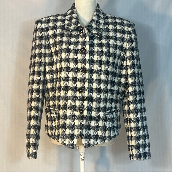 Amanda Smith Vintage Black & White Tweed Checkered Blazer Collared 5 Button 14 - Picture 1 of 9